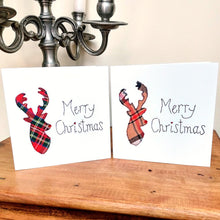 Load image into Gallery viewer, Taupe Tartan Stag's Head Christmas Card, Hand Finished with a Gem (XMS12-2)