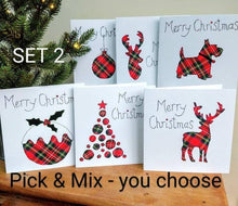 Load image into Gallery viewer, Set of 6 Red Tartan Christmas Cards, Hand Finished with Gems