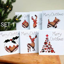 Load image into Gallery viewer, Set of 6 Taupe Tartan Christmas Cards, Hand Finished with Gems