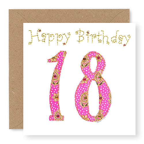 18th Birthday Card, Girl's Age 18 Birthday Card, Hand Finished with Gems (BD25)