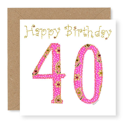 40th Birthday Card, Age 40 Birthday Card for Her, Hand Finished with Gems (BD28)