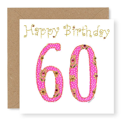 60th Birthday Card, Age 60 Birthday Card for Her, Hand Finished with Gems (BD30)