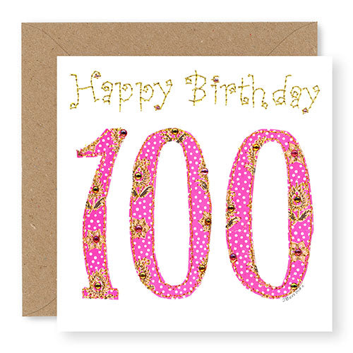 100th Birthday Card, Age 100 Birthday Card for Her, Hand Finished with Gems (BD37)