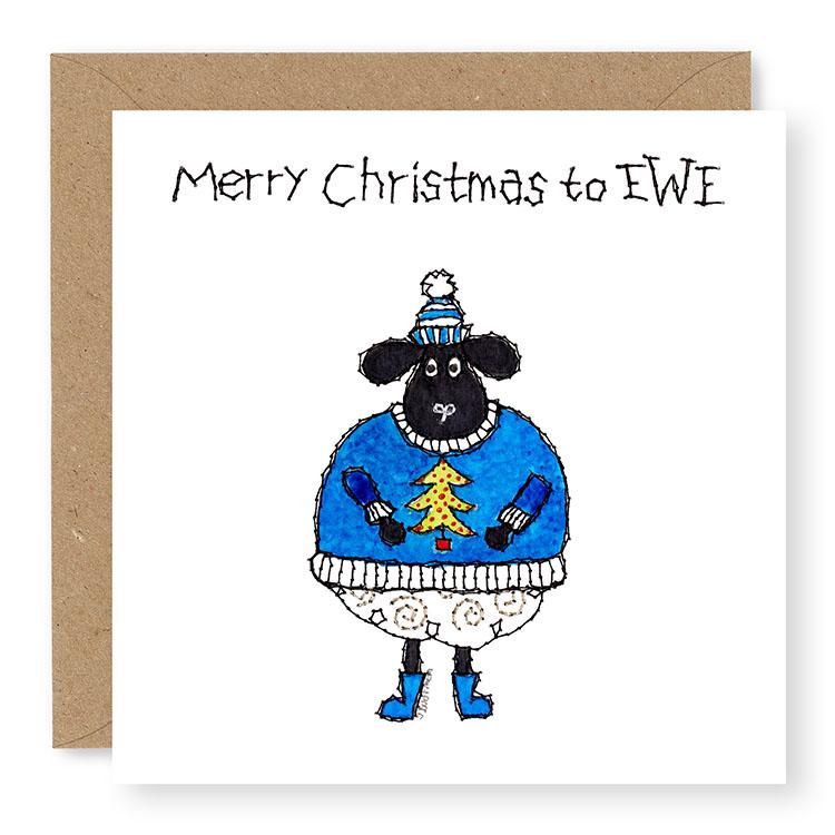 Hey EWE Blue Christmas Jumper Christmas Card, (EW78)