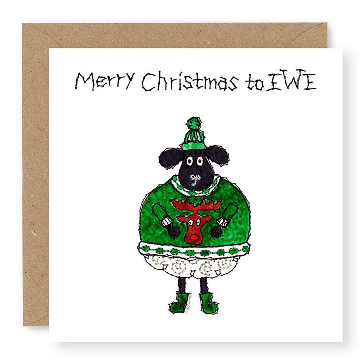 Hey EWE Green Christmas Jumper Christmas Card, (EW79)