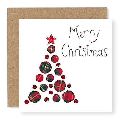 Red Tartan Christmas Tree Christmas Card, Hand Finished with Gems (XMS11-1)