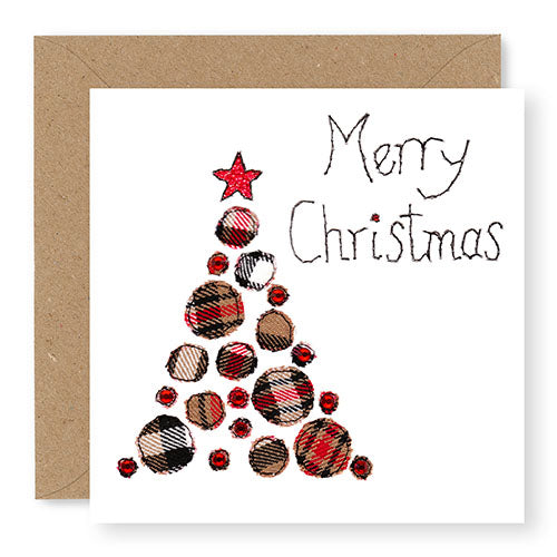 Taupe Tartan Christmas Tree Christmas Card, Hand Finished with Gems (XMS11-2)