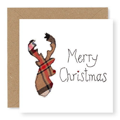 Taupe Tartan Stag's Head Christmas Card, Hand Finished with a Gem (XMS12-2)