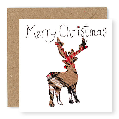 Taupe Tartan Stag Christmas Card, Hand Finished with a Gem (XMS13-2)
