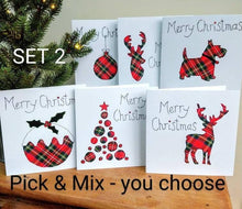 Load image into Gallery viewer, Set of 6 Red Tartan Christmas Cards, Hand Finished with Gems
