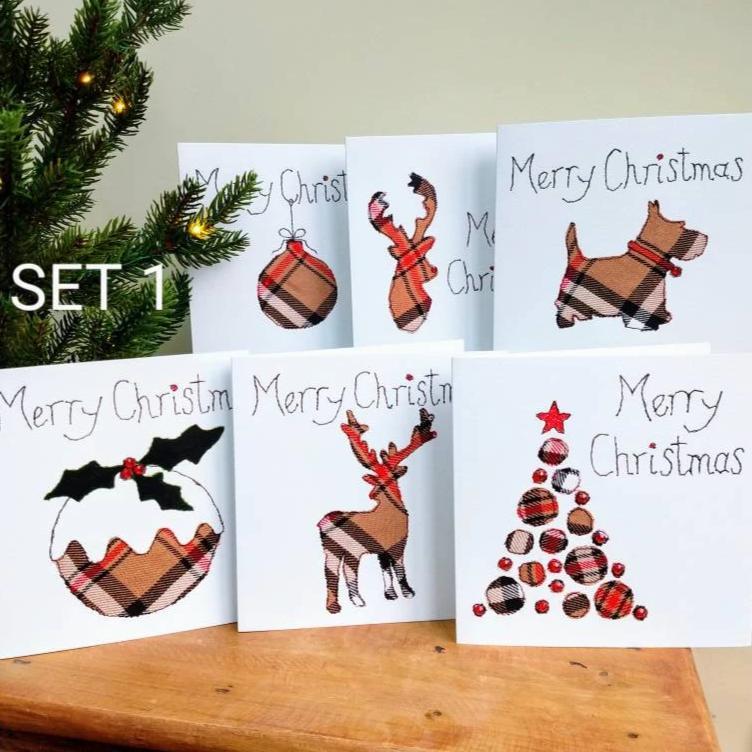 Set of 6 Taupe Tartan Christmas Cards, Hand Finished with Gems