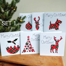 Load image into Gallery viewer, Set of 6 Red Tartan Christmas Cards, Hand Finished with Gems
