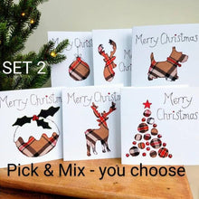 Load image into Gallery viewer, Set of 6 Taupe Tartan Christmas Cards, Hand Finished with Gems
